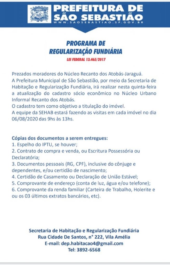 Prefeitura atualiza cadastro de moradores do Núcleo Recanto dos Atobás para regularização fundiária