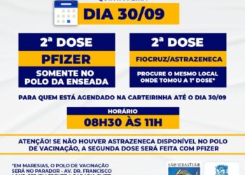 Nesta quinta-feira (30) haverá segunda dose para vacinados com Pfizer ou Astrazeneca e agendados até 30/09