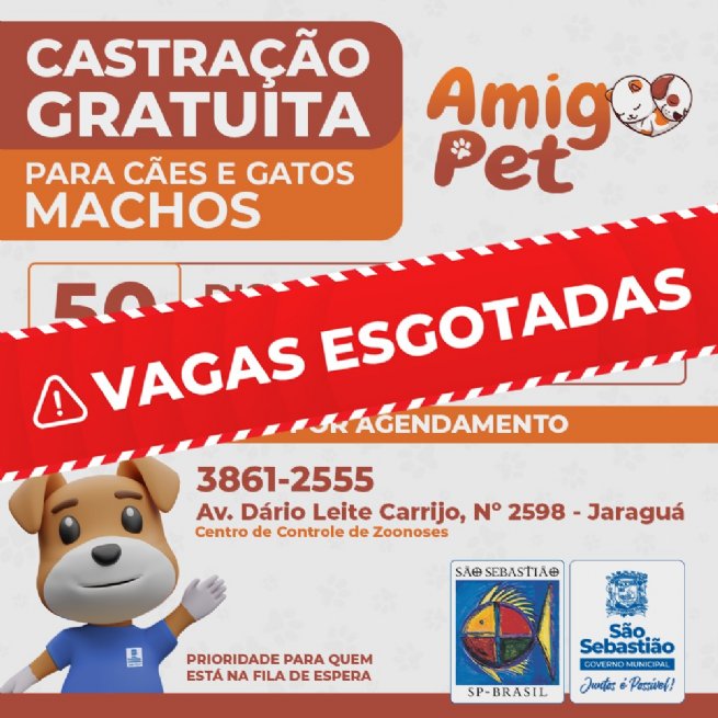 Vagas para castração de cães e gatos nesta quarta (22) e quinta-feira (23) estão esgotadas