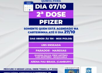 Nesta quinta-feira (7) haverá antecipação da segunda dose de Pfizer para agendados até o dia 27 de outubro
