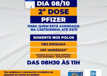 Imunizados com Pfizer e com segunda dose agendada até 3 de novembro terão vacinação antecipada para esta sexta-feira (8)