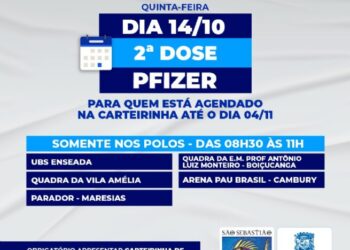 Imunizados com Pfizer e com segunda dose agendada até 4 de novembro terão vacinação antecipada para esta quinta-feira (14)