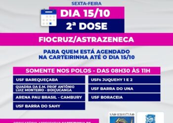 Nesta sexta-feira (15) haverá segunda dose de Astrazeneca para agendados até 15/10 e terceira dose para 60+