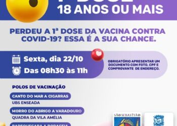 Nesta sexta-feira (22) haverá repescagem de primeira dose contra Covid-19 para pessoas com 18 anos ou mais