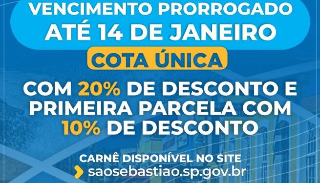 Parcela única do IPTU 2022 com desconto de 20% tem vencimento prorrogado para o dia (14)