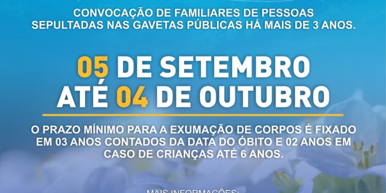 Familiares de sepultados há mais de três anos devem comparecer ao cemitério para exumação dos corpos