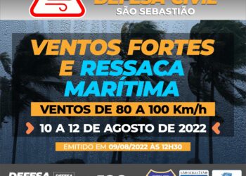 Prefeitura de São Sebastião emite alerta para ventos fortes e ressaca marítima de quarta-feira (10) a sexta-feira (12)