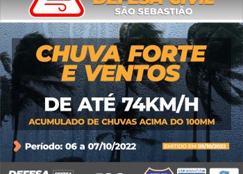 A Prefeitura de São Sebastião, por meio da Defesa Civil, vinculada à Secretaria de Segurança Urbana (SEGUR), emitiu alerta de riscos meteorológicos entre hoje (6) e amanhã (7).