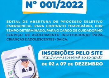 Prefeitura abre inscrições para processo seletivo no Serviço de Acolhimento Institucional para Crianças e Adolescentes