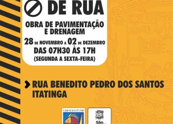 Prefeitura informa interdição da Rua Benedito Pedro dos Santos no Itatinga para realização de obras de drenagem e pavimentação