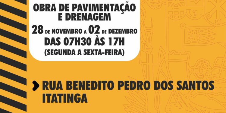 Prefeitura informa interdição da Rua Benedito Pedro dos Santos no Itatinga para realização de obras de drenagem e pavimentação
