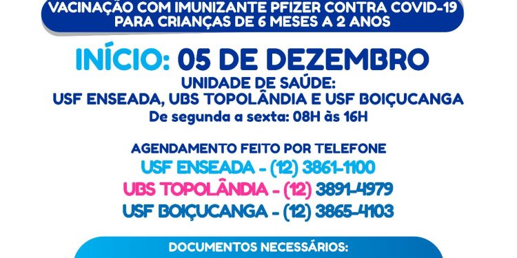 São Sebastião iniciará a vacinação contra Covid-19 para crianças de 6 meses a 2 anos de idade na próxima segunda-feira (5)