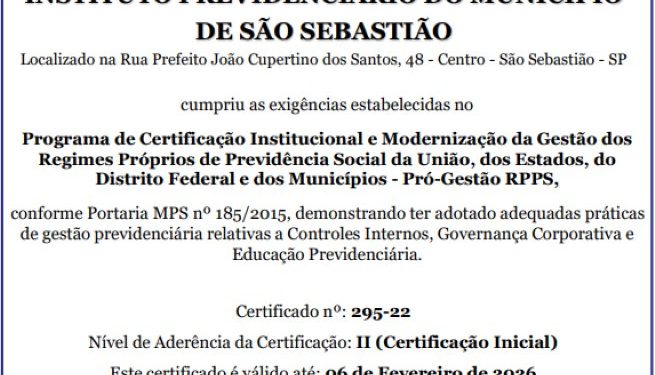 São Sebastiao Prev conquista o certificado Pro Gestão Nivel ll