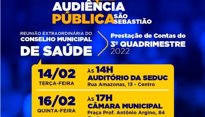 Prefeitura apresenta prestação de contas do 3.º quadrimestre de 2022 da Saúde nesta terça-feira (14) e quinta-feira (16)
