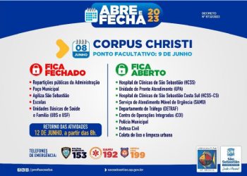 Prefeitura de São Sebastião informa funcionamento de serviços públicos durante o feriado de Corpus Christi