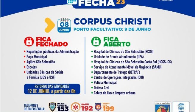 Prefeitura de São Sebastião informa funcionamento de serviços públicos durante o feriado de Corpus Christi