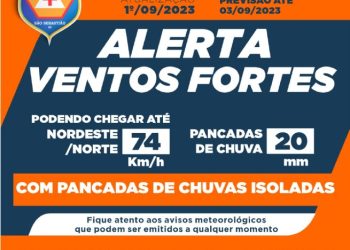 Defesa Civil alerta para ventos de até 74 km/h neste final de semana
