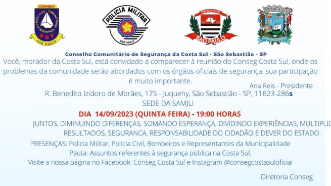 Conseg da Costa Sul realiza reunião em Juquehy nesta quinta-feira