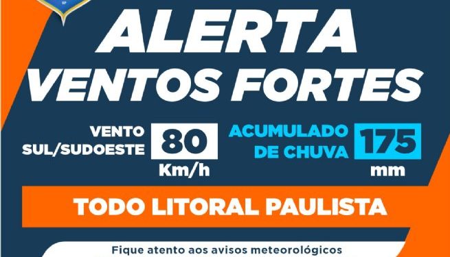 Defesa Civil emite alerta para ventos de 80 km/h e acumulado de chuva de 175mm nos próximos três dias