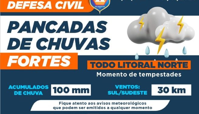 Defesa Civil emite alerta para acumulados de chuvas de 100 mm entre quinta-feira e sábado