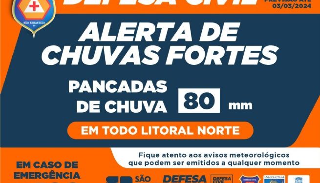 Defesa Civil alerta para chuvas de 80 milímetros entre quinta-feira e domingo