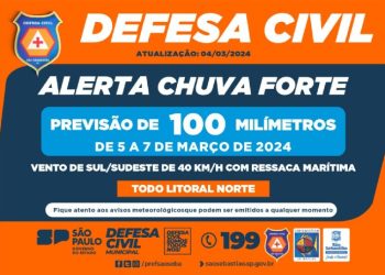 Defesa Civil alerta para acumulado de chuvas de 100 milímetros entre terça e quinta-feira no Litoral Norte