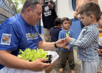 Crianças da Creche Municipal de Barequeçaba participam do plantio de hortaliças