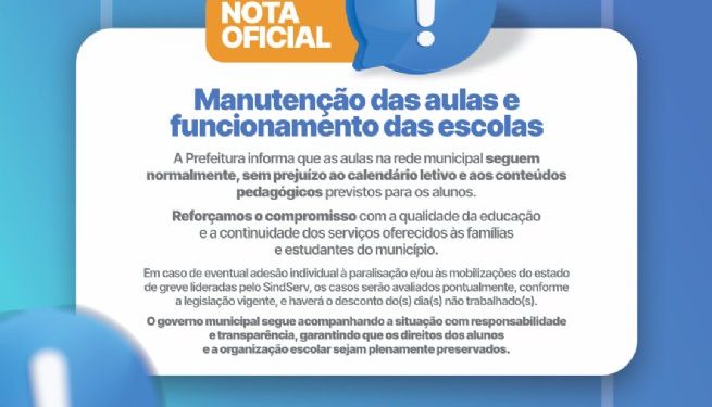 NOTA OFICIAL – Manutenção das aulas e funcionamento das escolas