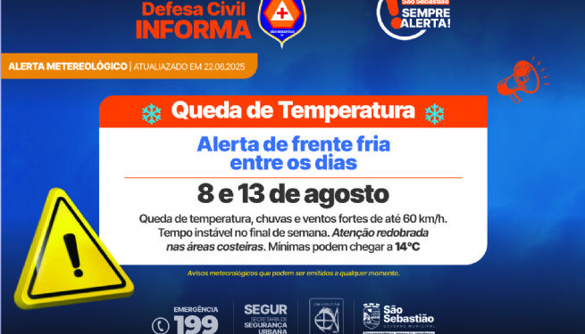 Prefeitura de São Sebastião alerta para chegada de frente fria com ventos fortes e possibilidade de chuva